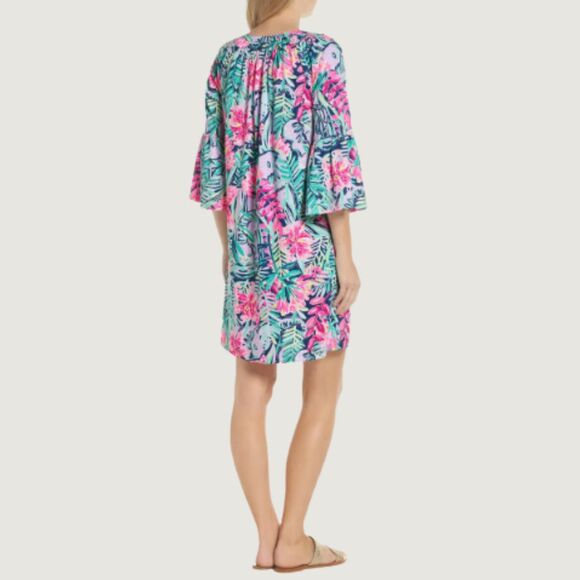 Lilly Pulitzer Dress Blue Mini Teigen Shift Floral V Neck Flared Hawaiian Small - Picture 5 of 14